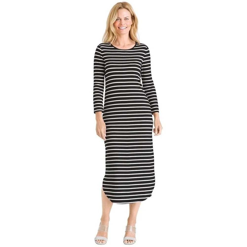 Chicos Striped Shirttail Hem Midi Dress Womens 1 8 10 Black White Neutral Casual